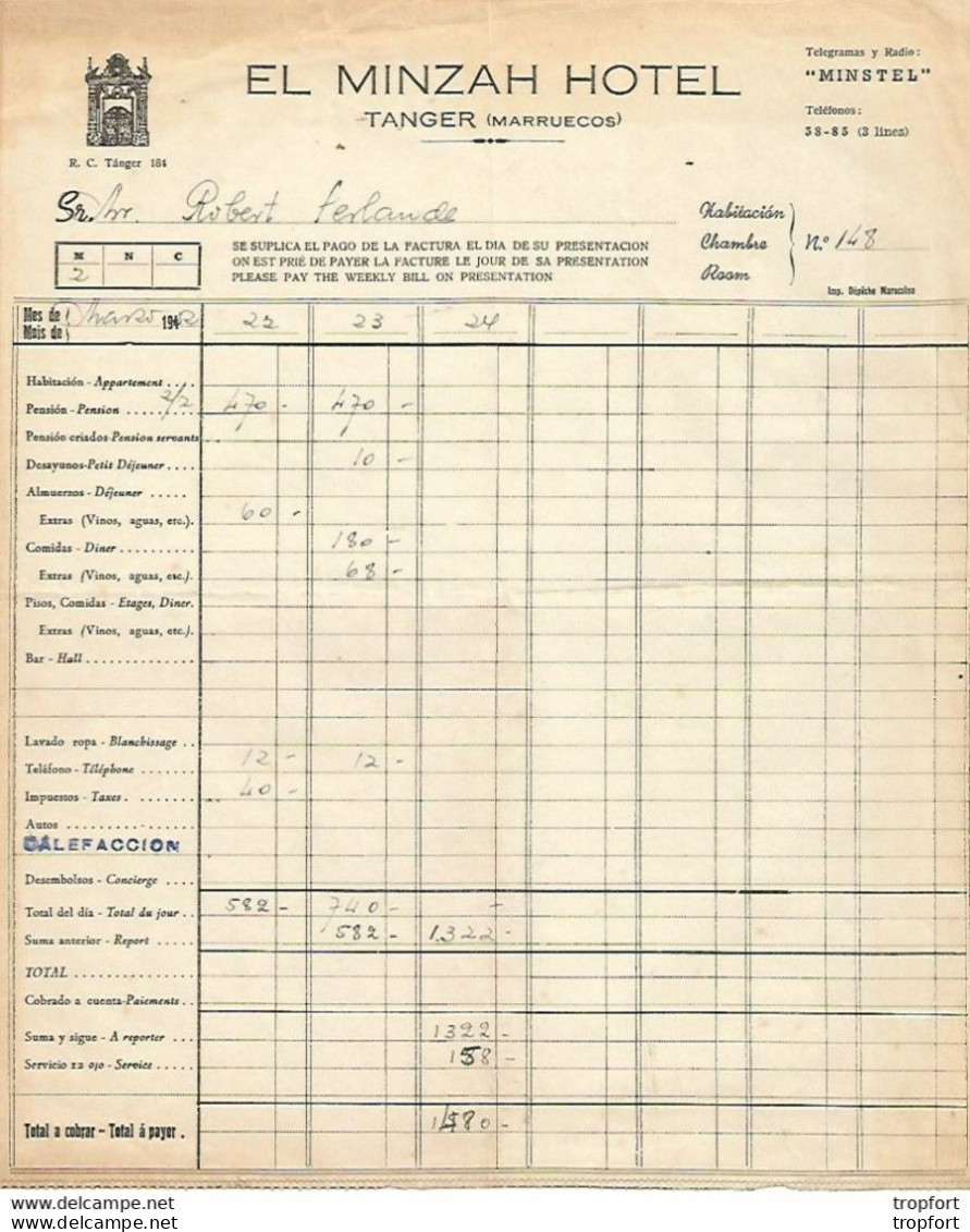 Old Invoice / Lettre Facture Ancienne 1942 EL MINZAH HOTEL Tanger Marruecos MAROC - Autres & Non Classés