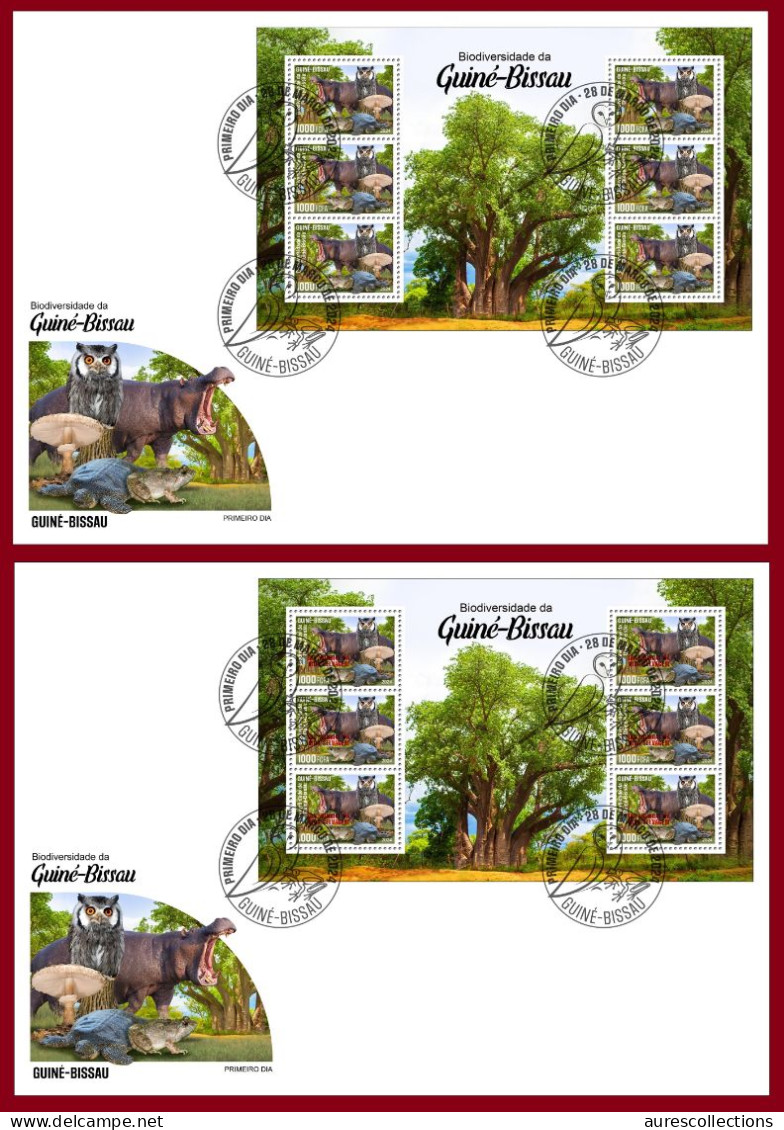 GUINEA BISSAU 2024 FDC MS 6V - REG & OVERPRINT - MUSHROOMS OWL OWLS FROG FROGS TURTLE TURTLES HIPPOPOTAMUS BAOBAB - Ranas