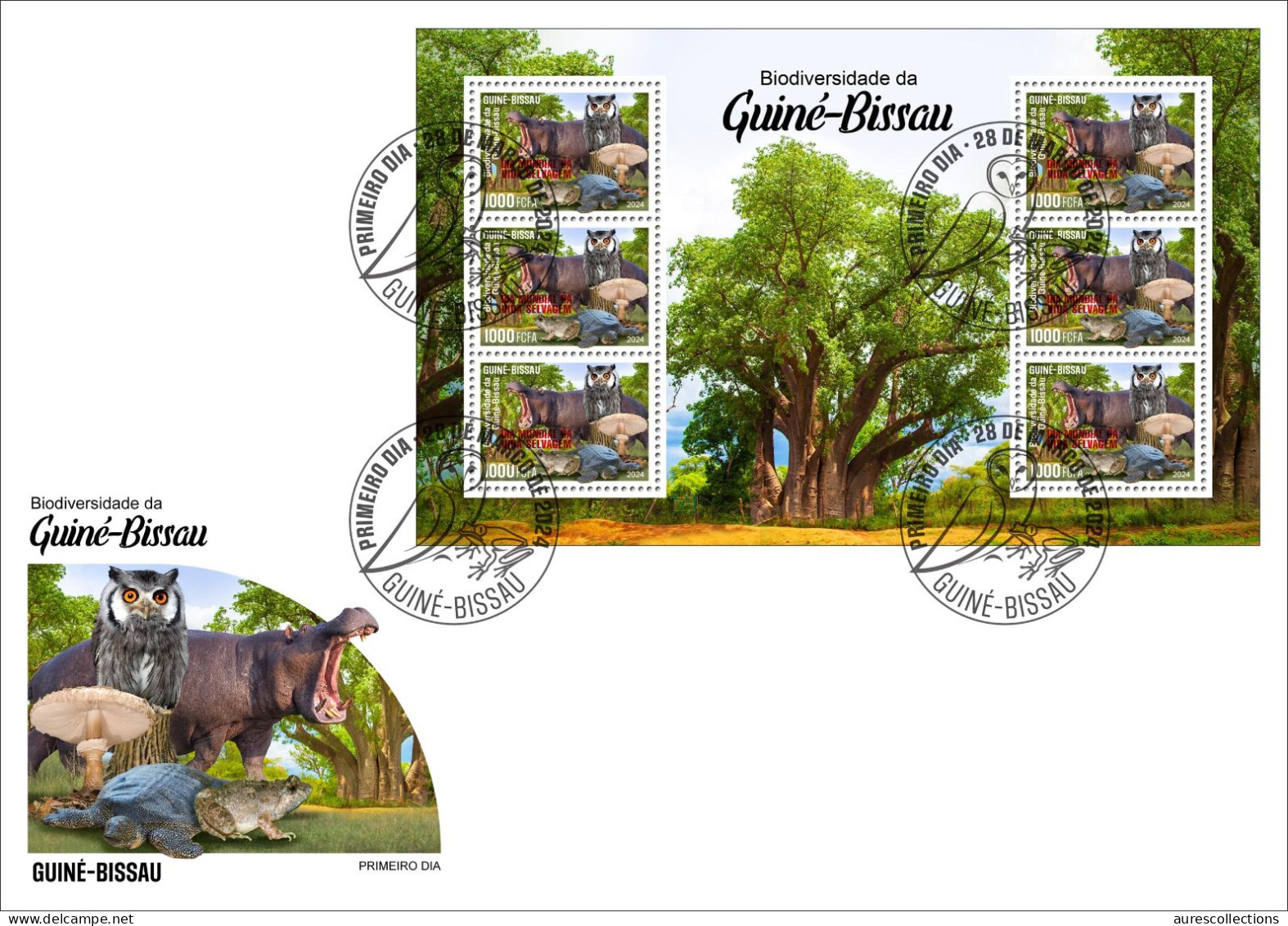 GUINEA BISSAU 2024 FDC MS 6V - REG & OVERPRINT - MUSHROOMS OWL OWLS FROG FROGS TURTLE TURTLES HIPPOPOTAMUS BAOBAB - Ranas