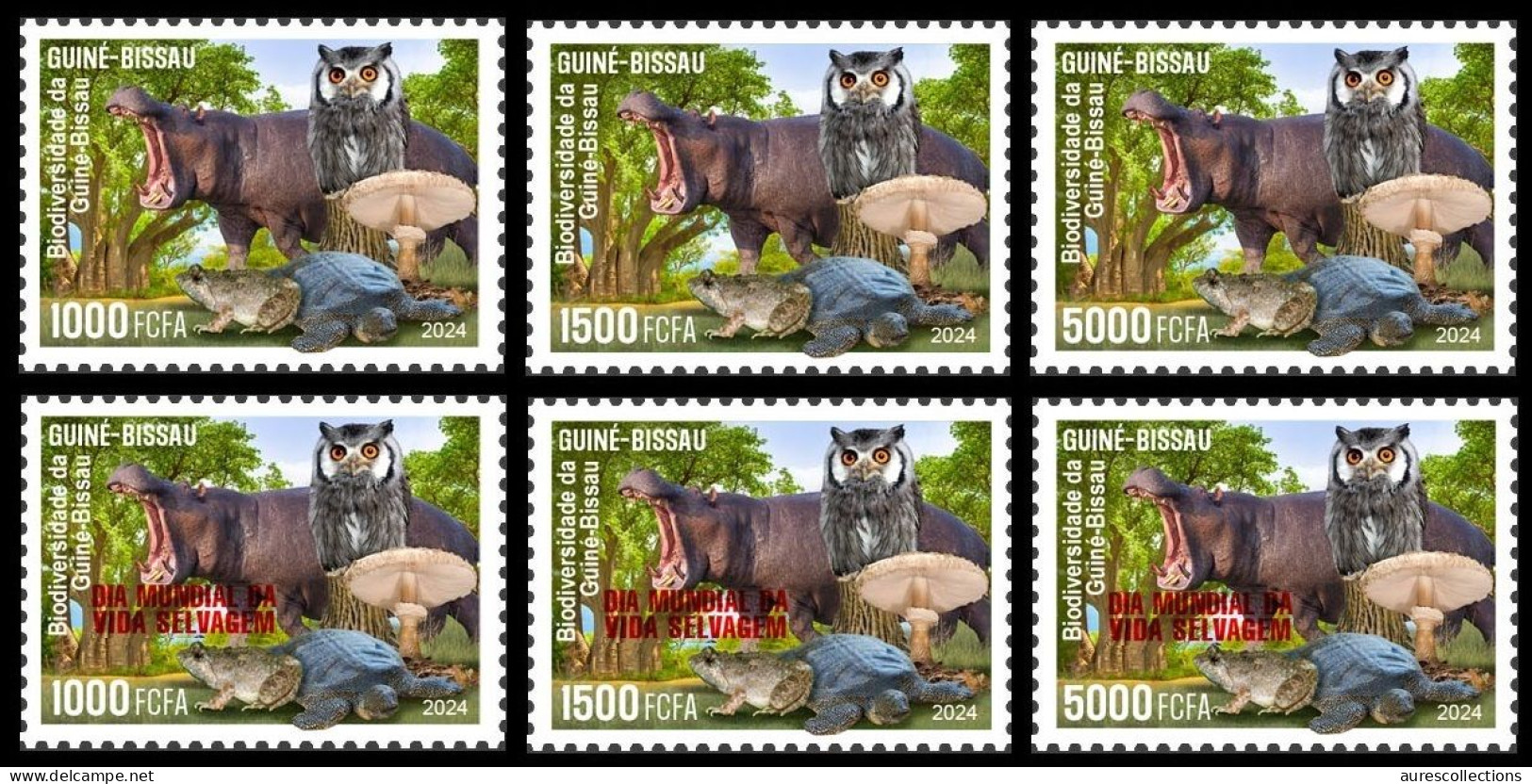 GUINEA BISSAU 2024 SET 6V - REG & OVERPRINT - MUSHROOMS OWL OWLS FROG FROGS TURTLE TURTLES HIPPOPOTAMUS BAOBAB - MNH - Grenouilles