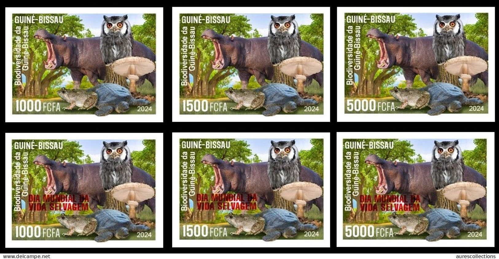 GUINEA BISSAU 2024 IMPERF SET 6V - REG & OVERPRINT - MUSHROOMS OWLS FROG FROGS TURTLE TURTLES HIPPOPOTAMUS BAOBAB - MNH - Kikkers