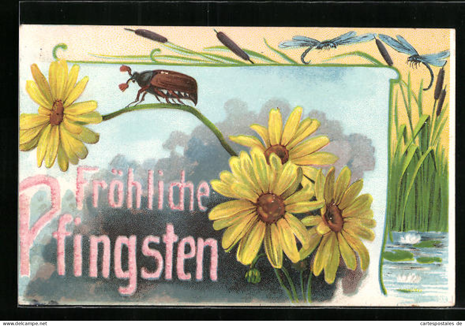 Künstler-AK Ein Maikäfer Auf Gelben Blumen, See Mit Libellen, Pfingstgruss  - Insectes