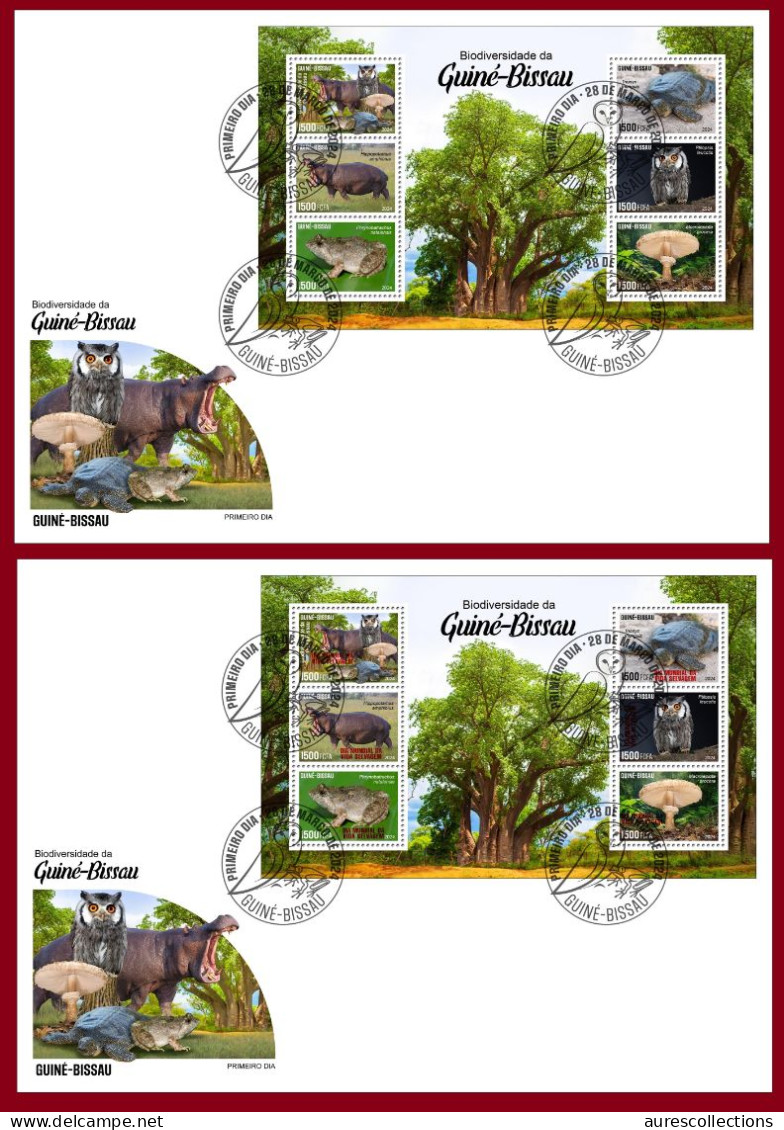 GUINEA BISSAU 2024 FDC MS 6V - REG & OVERPRINT - MUSHROOMS OWL OWLS FROG FROGS TURTLE TURTLES HIPPOPOTAMUS BAOBAB - Grenouilles