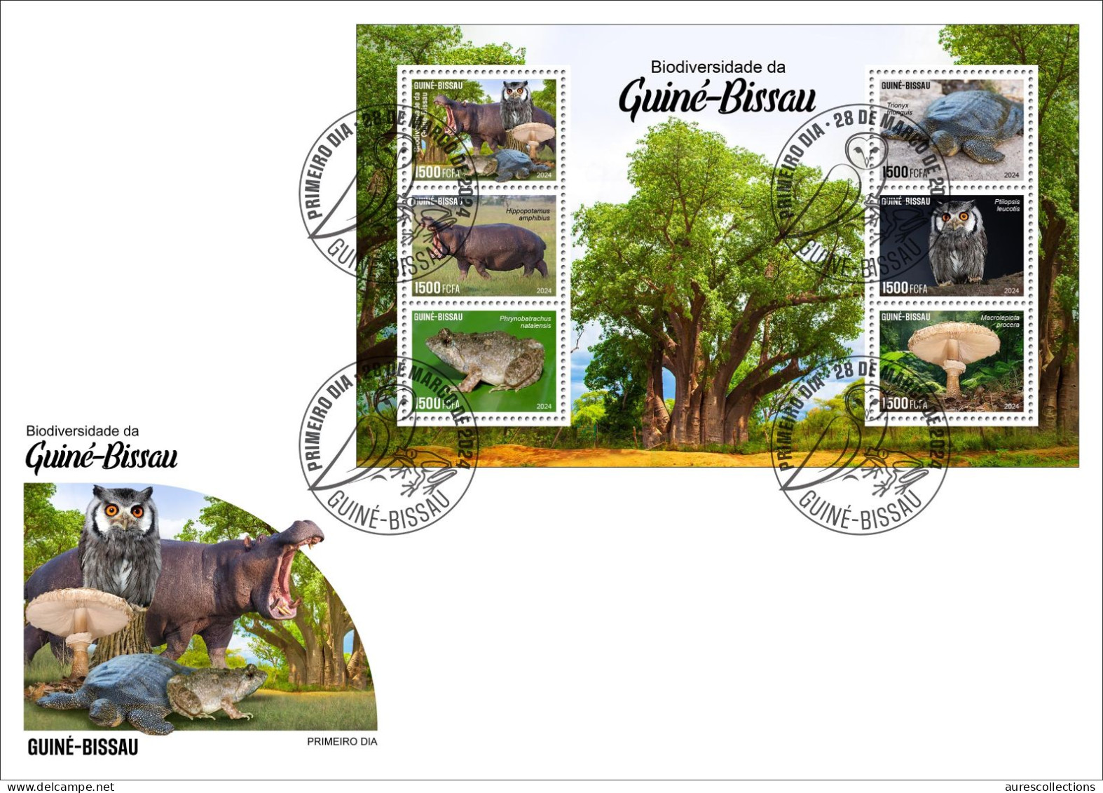 GUINEA BISSAU 2024 FDC MS 6V - REG & OVERPRINT - MUSHROOMS OWL OWLS FROG FROGS TURTLE TURTLES HIPPOPOTAMUS BAOBAB - Grenouilles