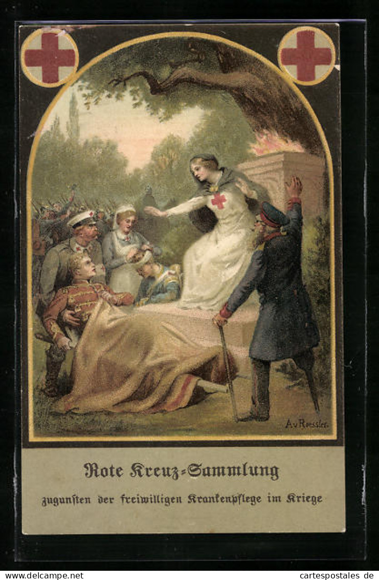 Künstler-AK Sammlung Rotes Kreuz Für Freiwillige Krankenpflege Im Kriege - Verwundete, Schwester Auf Denkmals-Sockel  - Rotes Kreuz