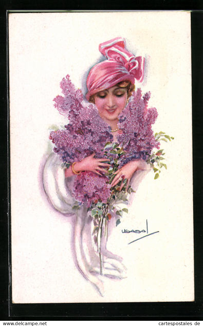 Künstler-AK Luis Usabal: Hübsche Dame Mit Auffälligem Hut Und Grossem Blumenstrauss  - Usabal