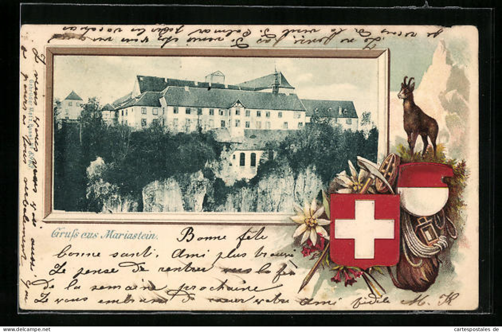Passepartout-Lithographie Mariastein, Ansicht Des Klosters An Der Felsklippe, Wappen Mit Gämse  - Autres & Non Classés