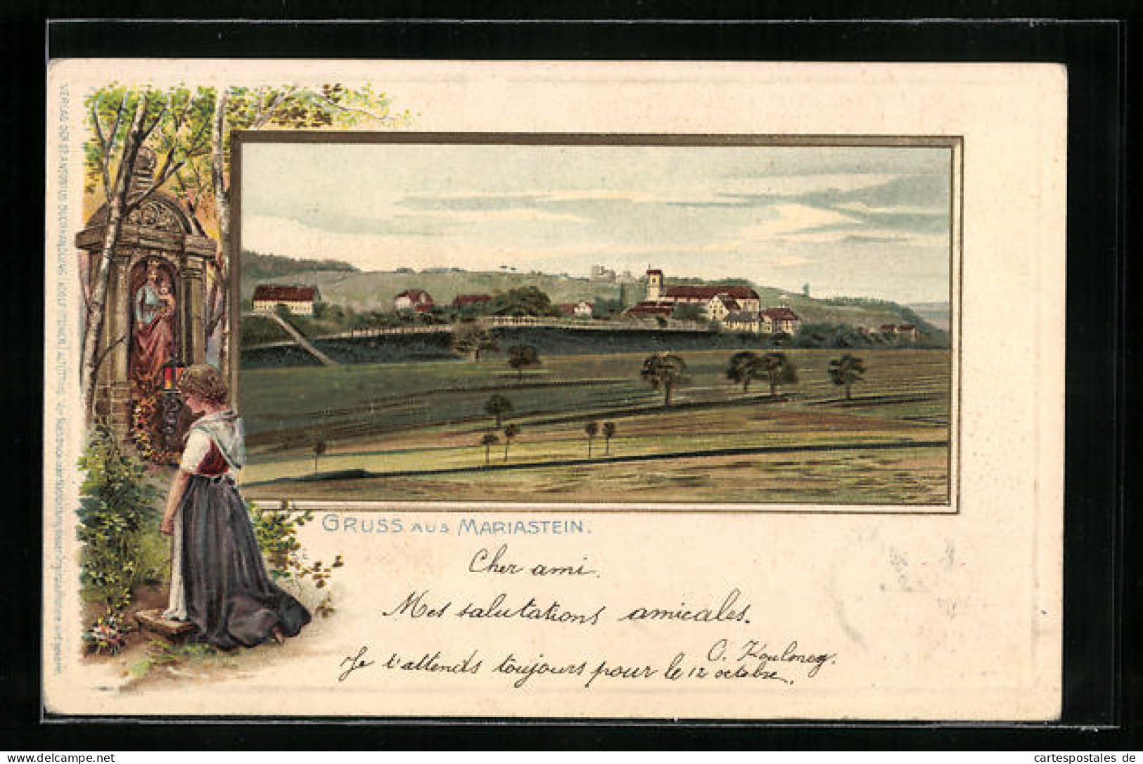 Passepartout-Lithographie Mariastein, Klosteransicht Aus Weiter Ferne, Waldandacht  - Sonstige & Ohne Zuordnung