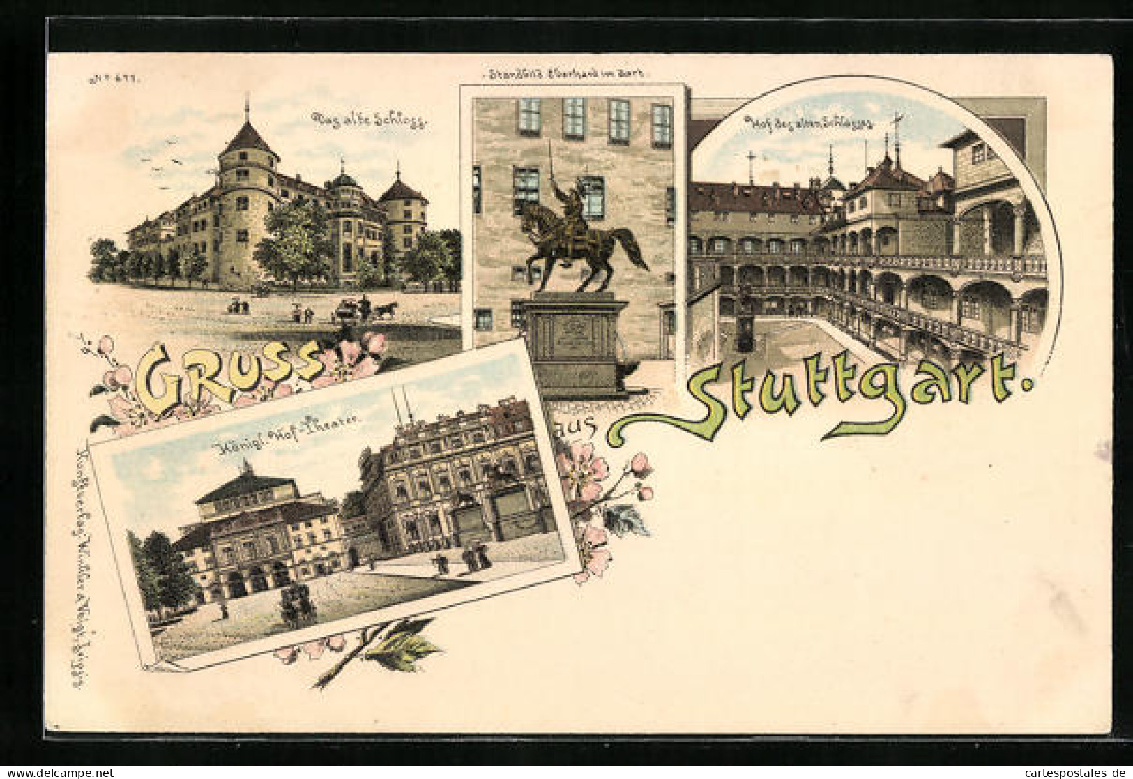 Lithographie Stuttgart, Das Alte Schloss Mit Hofansicht, Standbild Eberhard Im Bart Und Königliches Hoftheater  - Teatro