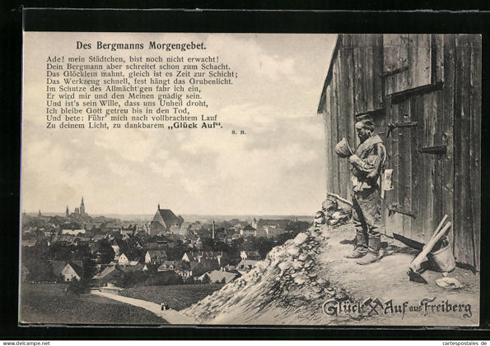 AK Freiberg I. Sa., Bergmann Vor Hütte über Der Stadt Beim Morgengebet, Text  - Freiberg (Sachsen)