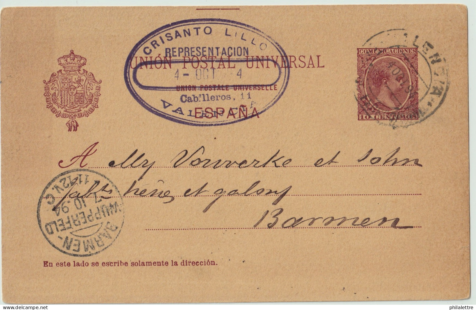 ESPAGNE / ESPAÑA - 1894 Fechador VALENCIA / ESTACION FERROCARRIL Sobre Postal 10c Carmin/anteado Ed.31 A BARMEN Alemania - Lettres & Documents