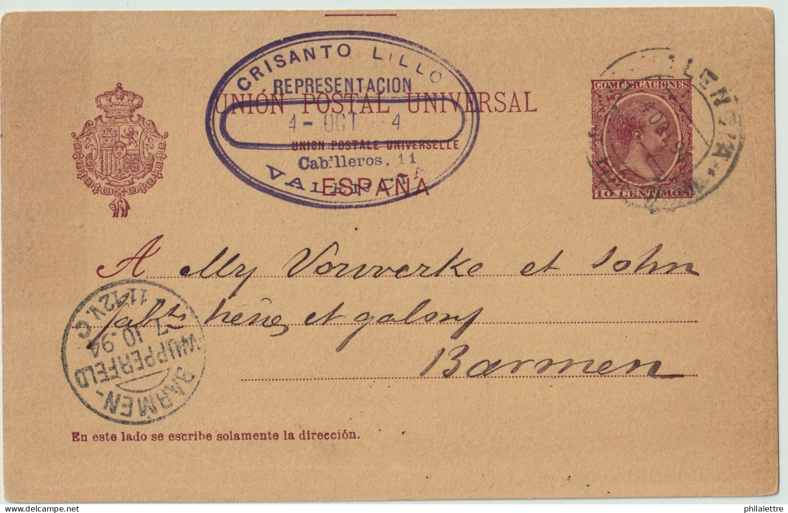 ESPAGNE / ESPAÑA - 1894 Fechador VALENCIA / ESTACION FERROCARRIL Sobre Postal 10c Carmin/anteado Ed.31 A BARMEN Alemania - Storia Postale
