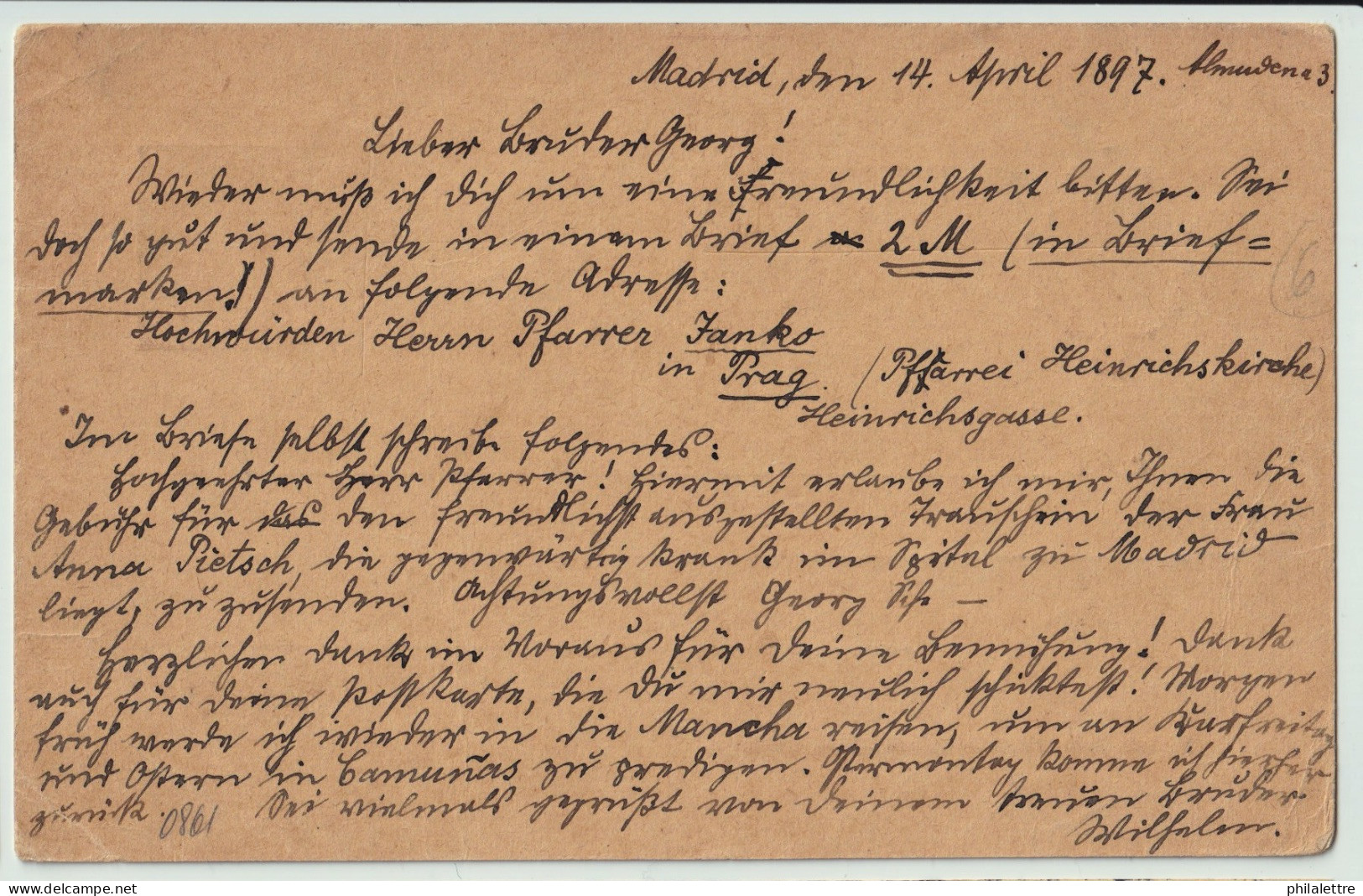 ESPAGNE / ESPAÑA - 1897 Fechador MADRID / (1) Sobre Postal 10c Carmin/anteado Ed.31 A MANNHEIM, Alemania - Storia Postale