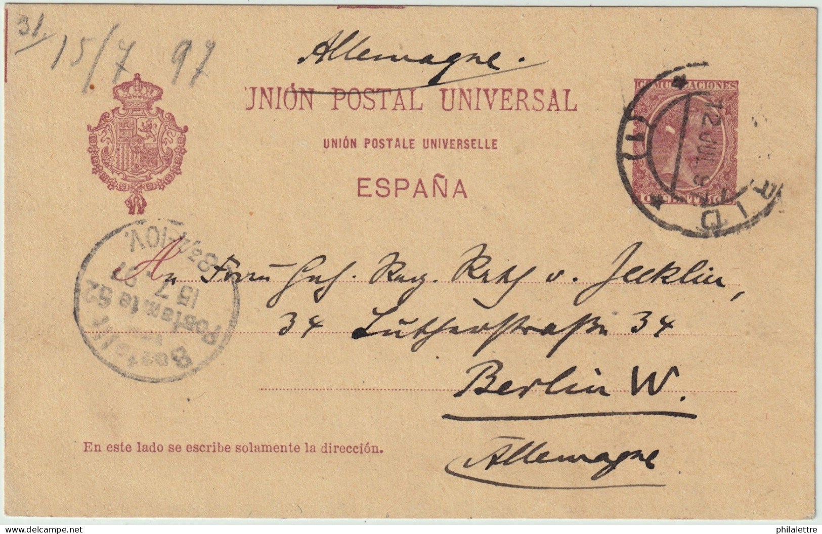 ESPAGNE / ESPAÑA - 1897 Fechador MADRID / (1) Sobre Postal 10c Carmin/amarillo Ed.31A A BERLÍN, Alemania - Covers & Documents