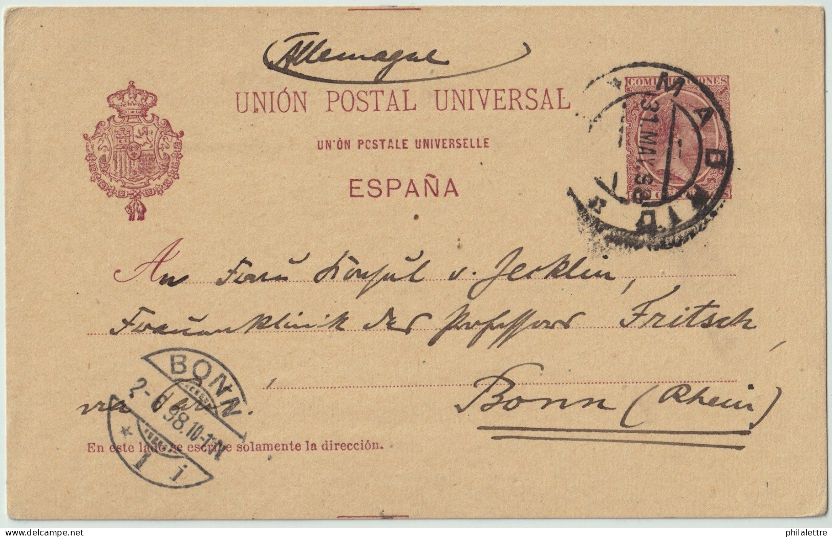 ESPAGNE / ESPAÑA - 1898 Fechador MADRID / (1) Sobre Postal 10c Carmin/amarillo Ed.31A A BONN, Alemania - Briefe U. Dokumente