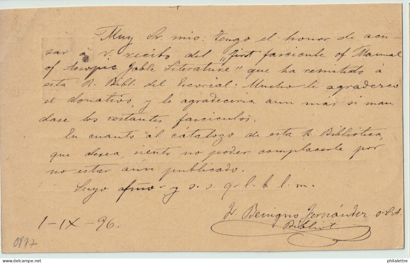 ESPAGNE / ESPAÑA - 1896 Fechador ESCORIAL / (MADRID) Sobre Postal 10c Carmin/amarillo Ed.31A A BALTIMORE, EE.UU. - Covers & Documents