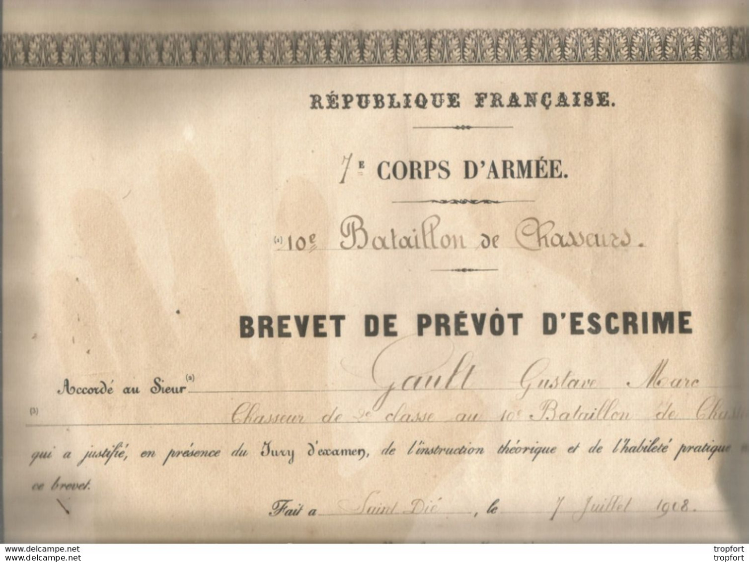 DIPLOME 7EM Corps D'armée BATAILLON DE CHASSEURS BREVET DE PREVOT D'ESCRIME 1908 SAINT DIE Saint-dié - Scherma