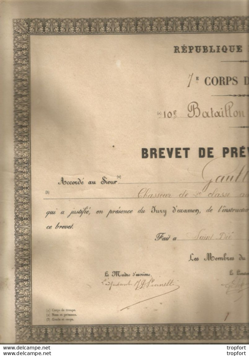 DIPLOME 7EM Corps D'armée BATAILLON DE CHASSEURS BREVET DE PREVOT D'ESCRIME 1908 SAINT DIE Saint-dié - Esgrima