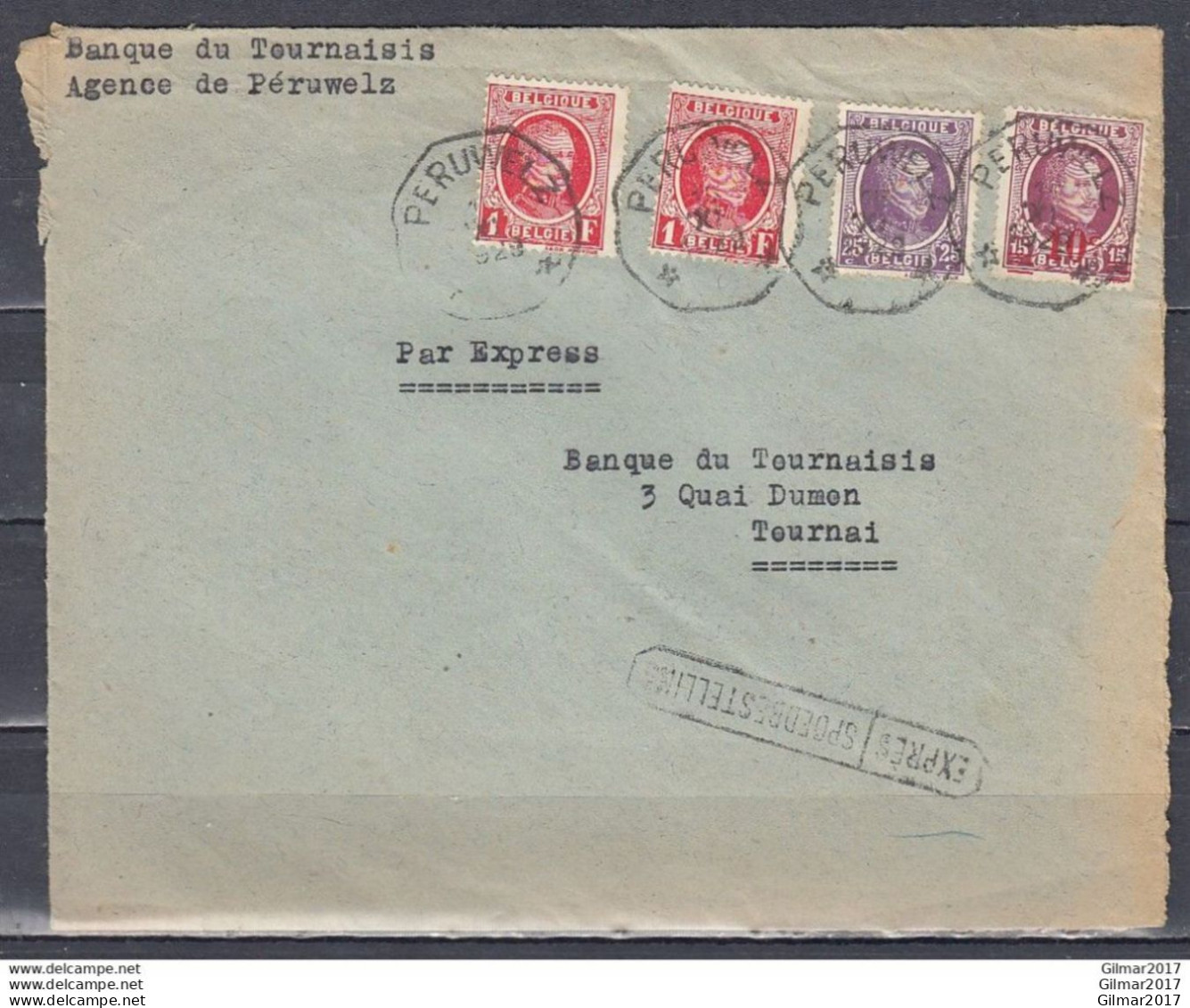 Expres Brief Met Telegraafstempel Peruwelz Naar Tournai - 1922-1927 Houyoux