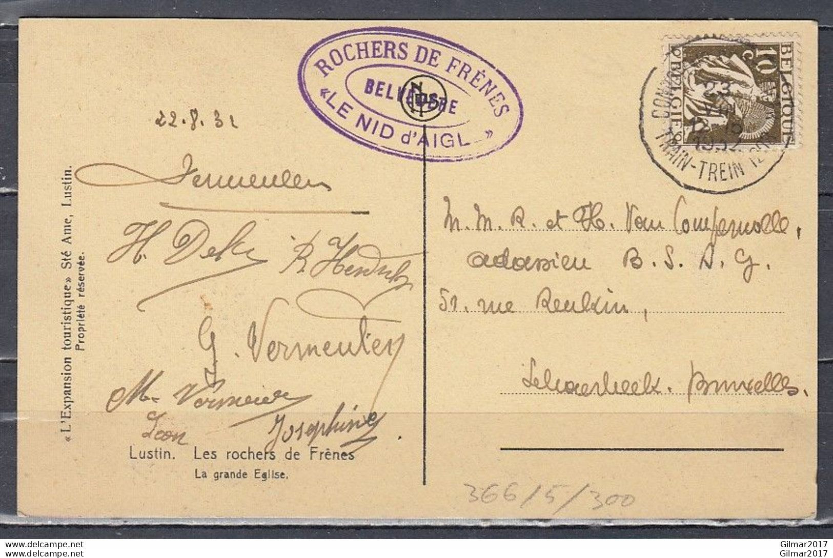 Postkaart Van Convoyeur Belge / Train-trein 1208 Naar Bruxelles Rochers De Frénes Le Nid D'Aigl Belvedere - 1932 Cérès Et Mercure