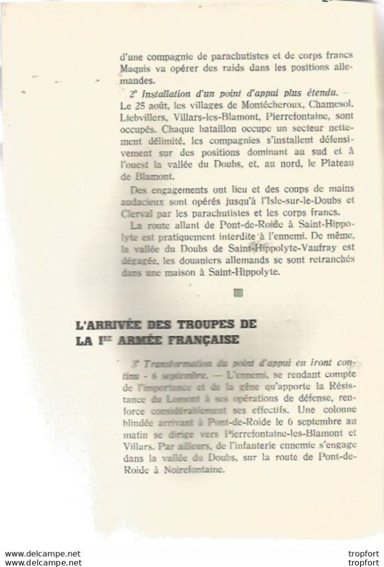 Rare LIVRET HISTORIQUE De La RESISTANCE Dans Le Pays De MONTBELIARD PONSOT 1945 - Geschiedenis