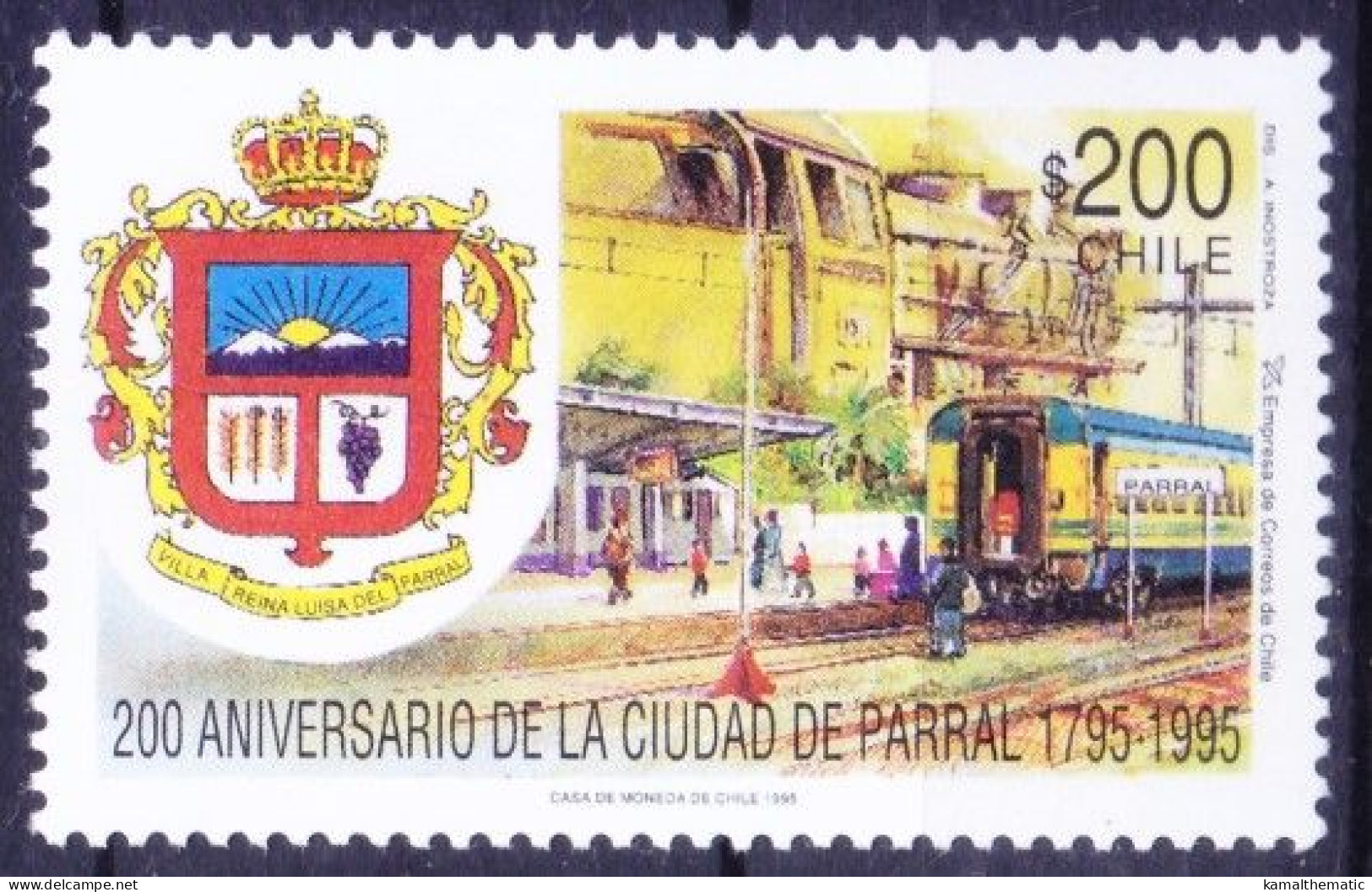 Chile 1995 MNH, Coats Of Arms, Railways, Engine, Foundation Of Parral City - Eisenbahnen