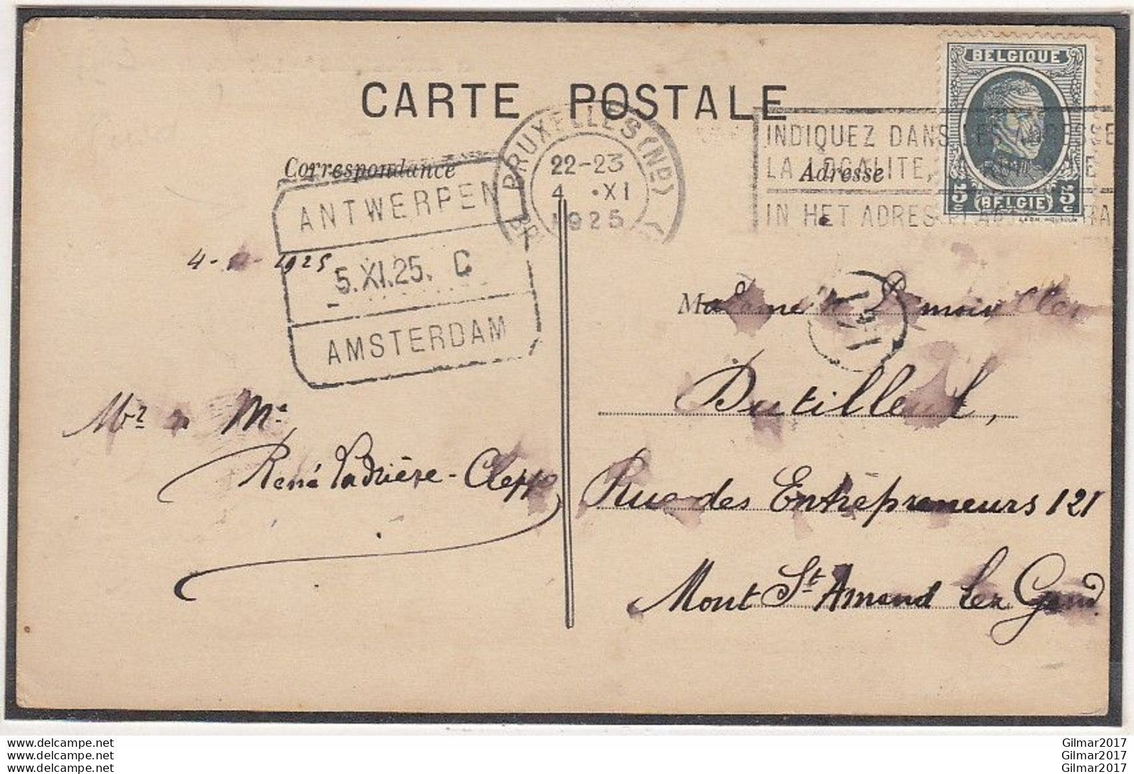 Postkaart Met Treinpostkantoorstempel Antwerpen Amsterdam Naar Mont St Amand - 1922-1927 Houyoux