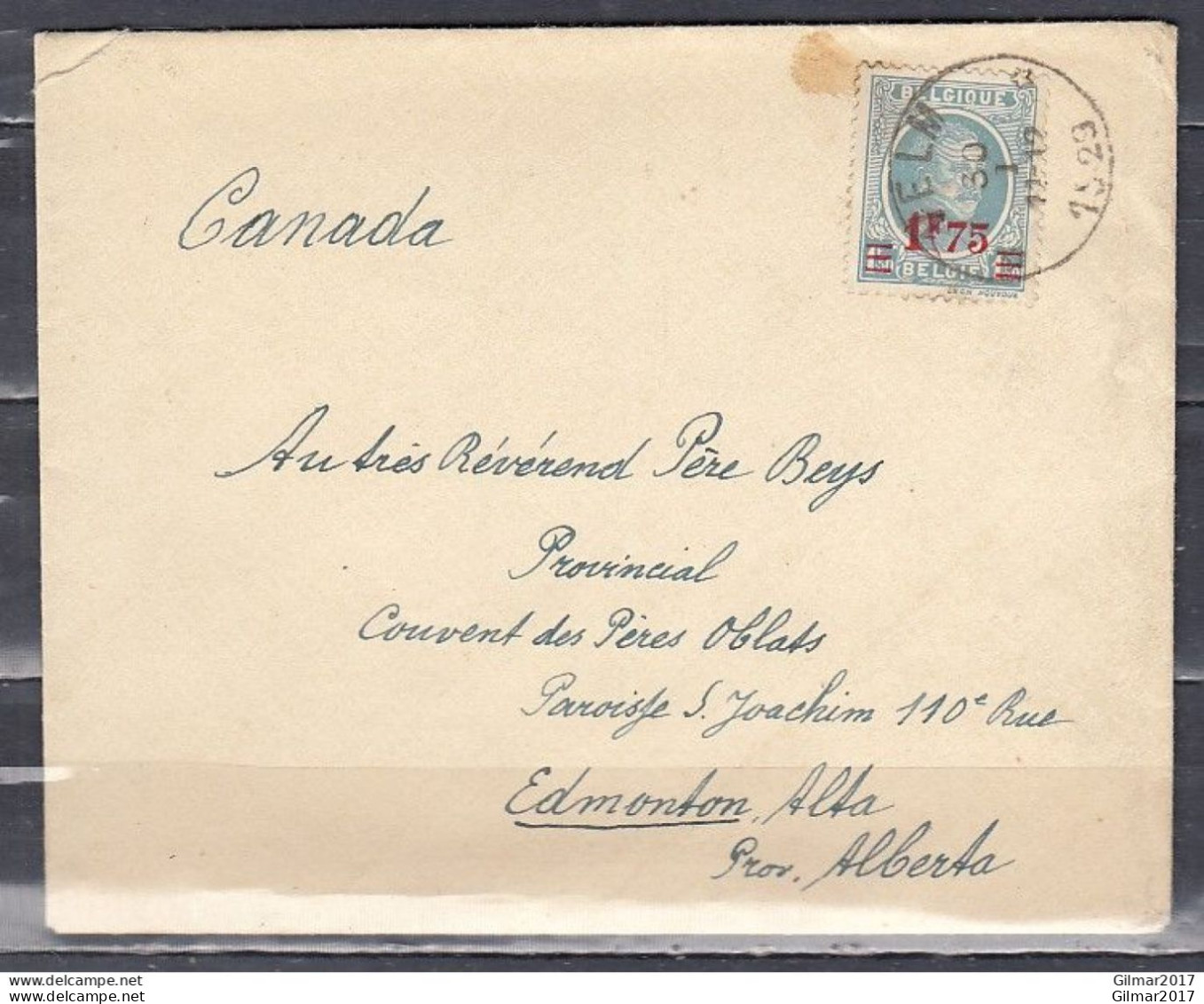 Brief Van Velm (Sterstempel) Naar Edmonton (Canada) - 1922-1927 Houyoux