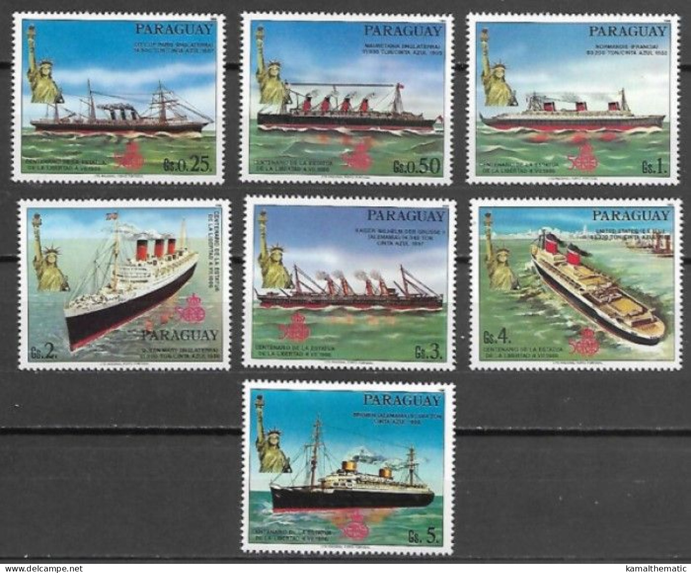 Paraguay 1986 MNH 7v, 100th Anni. Of Statue Of Liberty, Ships, Statues - Bateaux