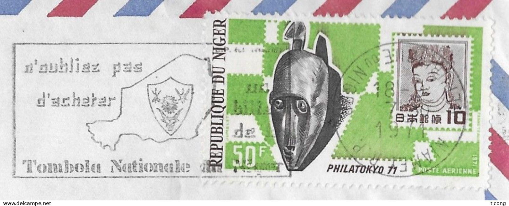 NIGER NIAMEY 1971 - TIMBRE SUR TIMBRE JAPON, MASQUE EMIS POUR PHILATOKYO 1971 - FLAMME TOMBOLA NATIONALE  DU NIGER - Niger (1960-...)