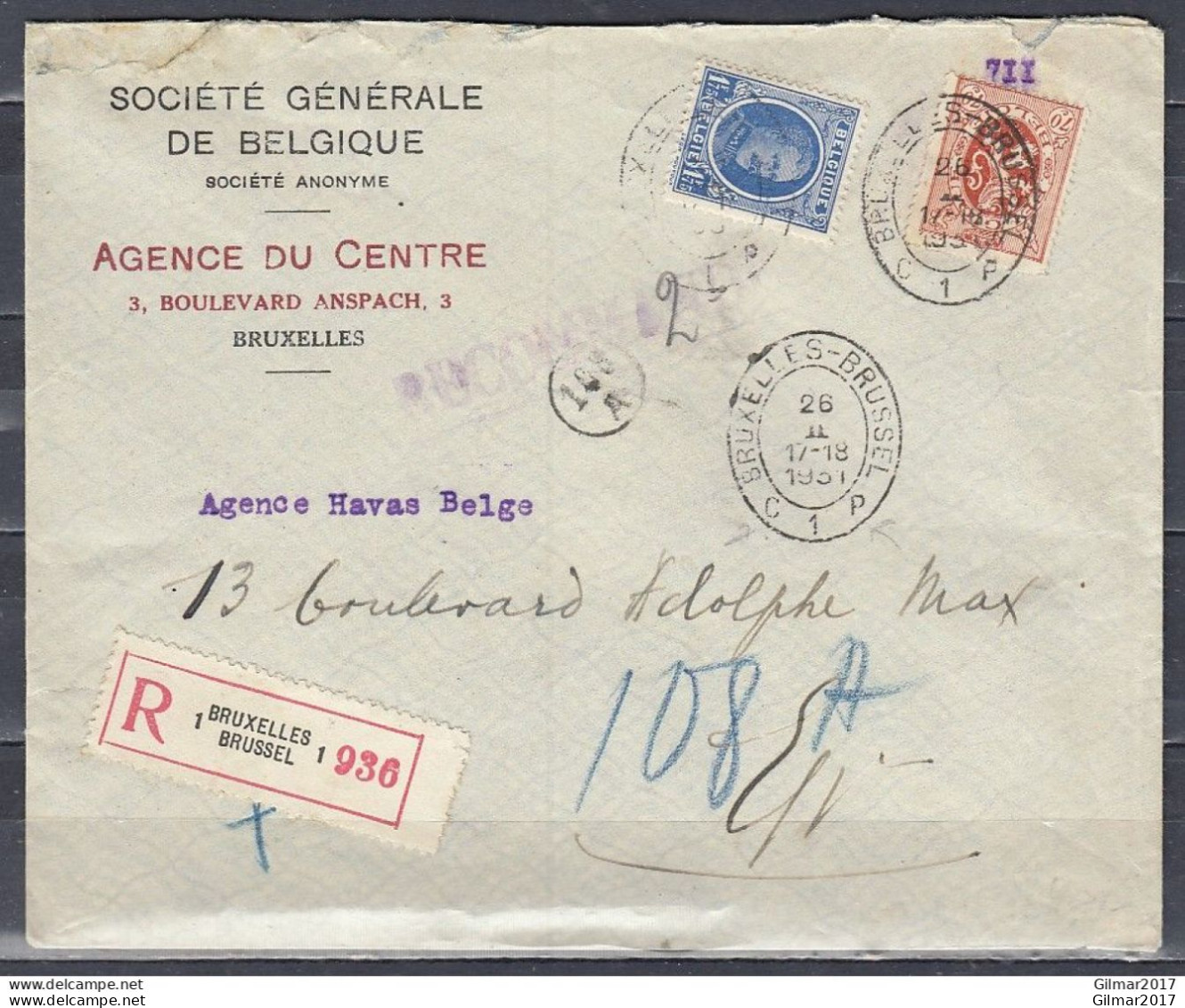 Aangetekende Brief Van Bruxelles-Brussel C1P - 1922-1927 Houyoux