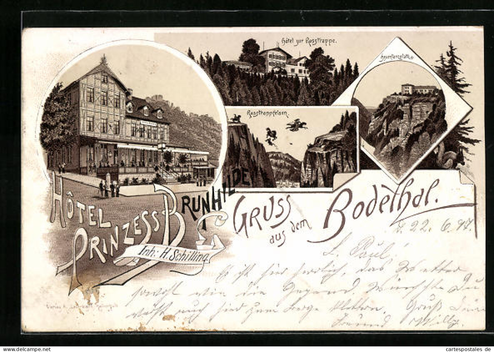 Lithographie Thale, Hotel Prinzess Brunhilde Im Bodethal, Hotel Zur Rosstrappe, Rosstrappfelsen  - Thale