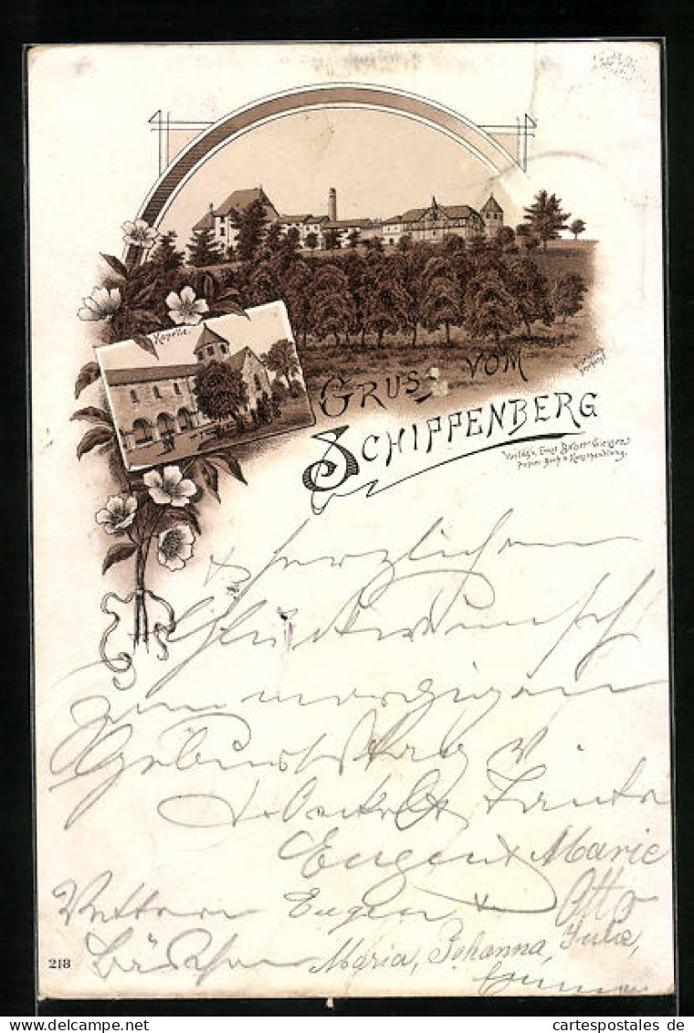 Vorläufer-Lithographie Giessen, Schiffenberg, 1895, Kapelle, Ortspartie  - Giessen