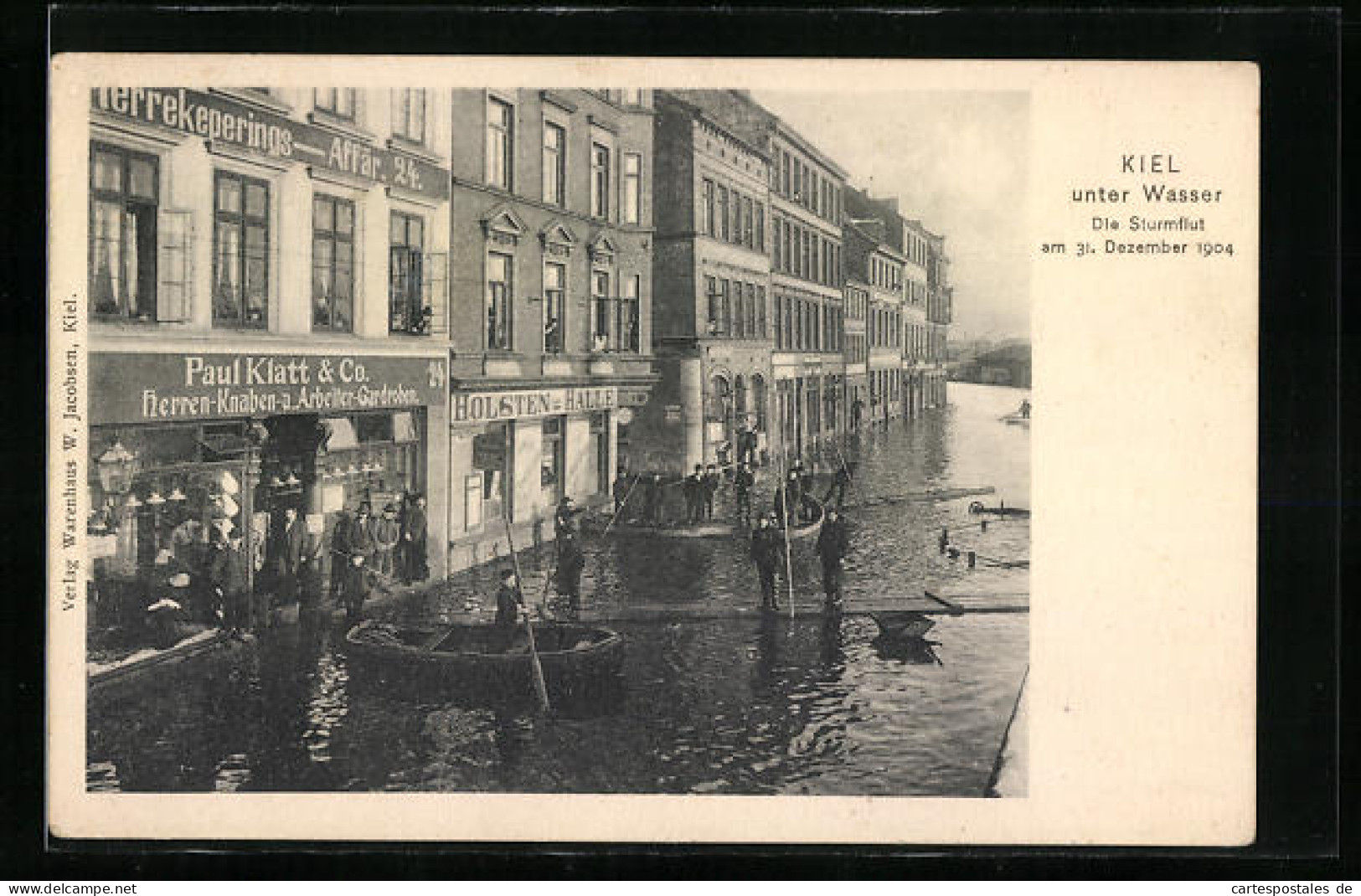 AK Kiel, Sturmflut 1904, Strassenpartie, Überschwemmte Strasse Mit Stegen Und Menschen In Booten  - Inondations