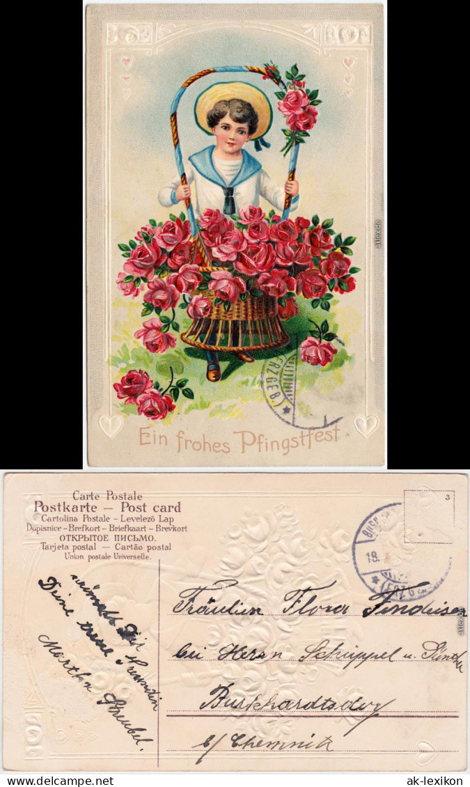 Pfingstfest, Mädchen Mit Blumenkor, Präge Karte 1912 Prägekarte - Pentecostés