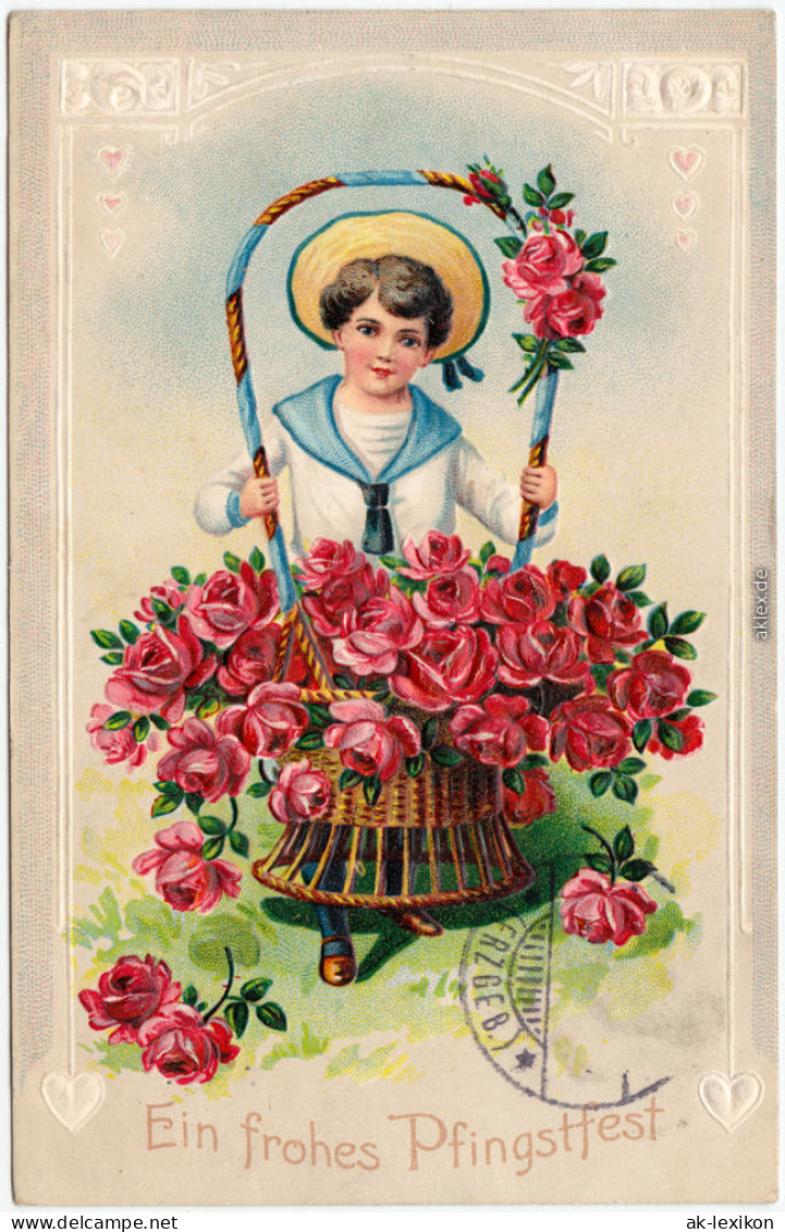 Pfingstfest, Mädchen Mit Blumenkor, Präge Karte 1912 Prägekarte - Pentecôte