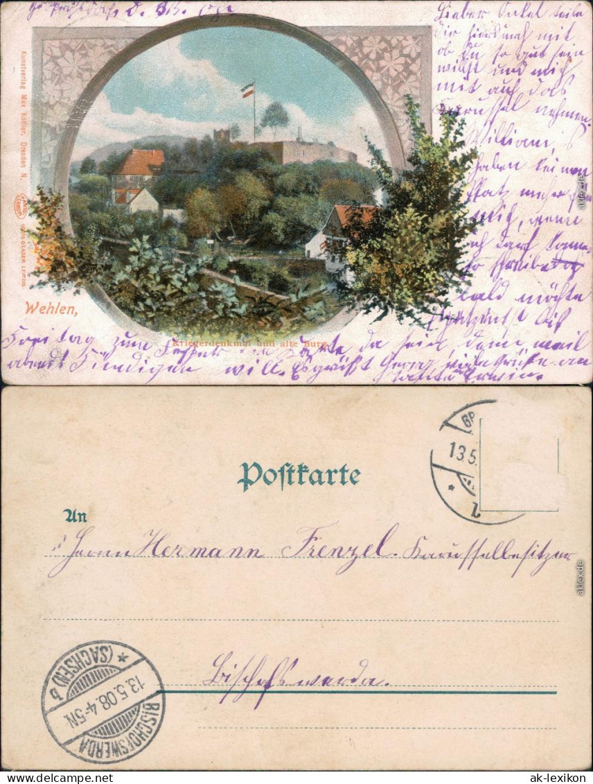 Wehlen Litho AK: Kriegerdenkmal Und Alte Burg B Bad Schandau 1908 - Wehlen