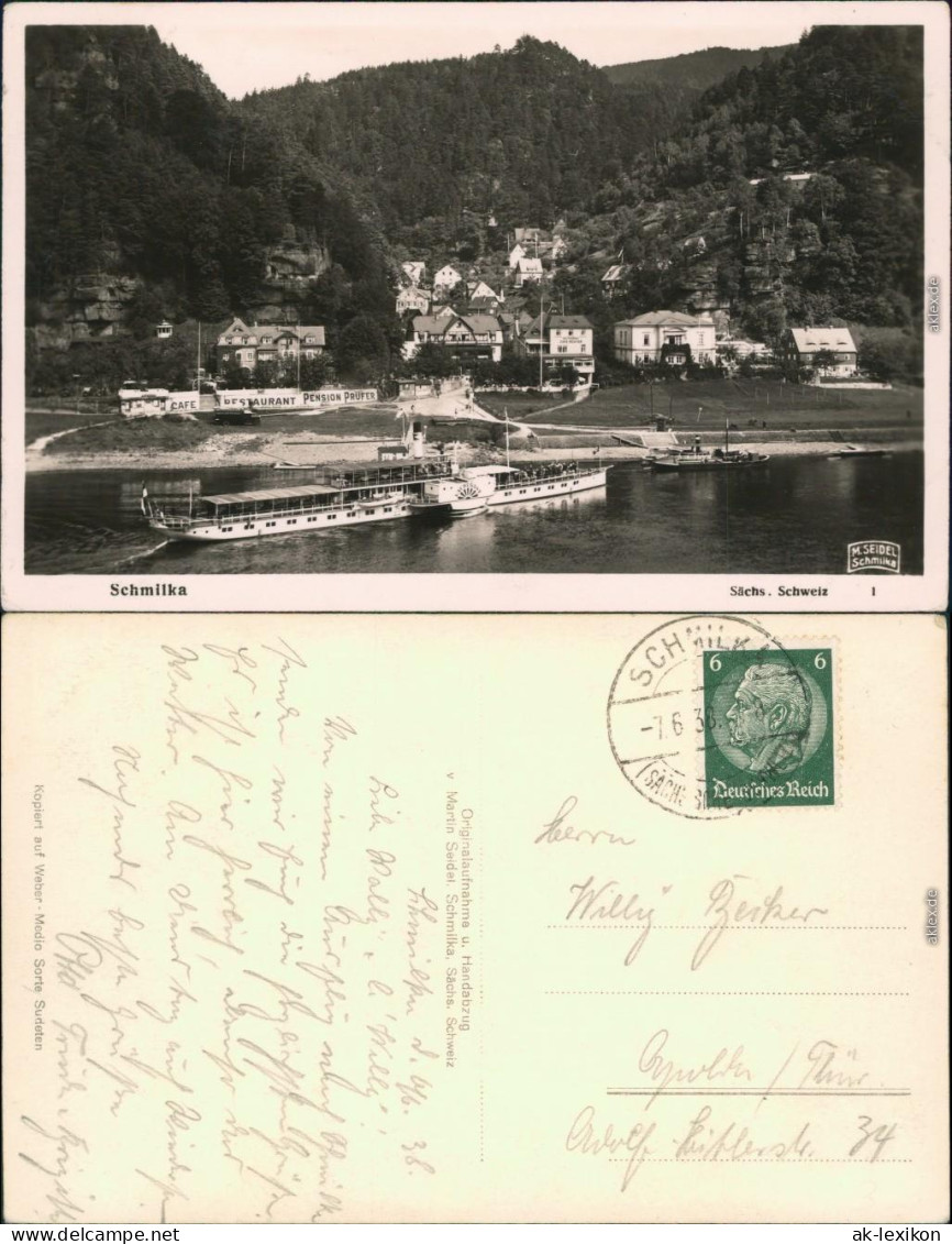 Ansichtskarte Schmilka Dampfer, Kleines Dampfschiff - Pension Prüfer 1938  - Schmilka