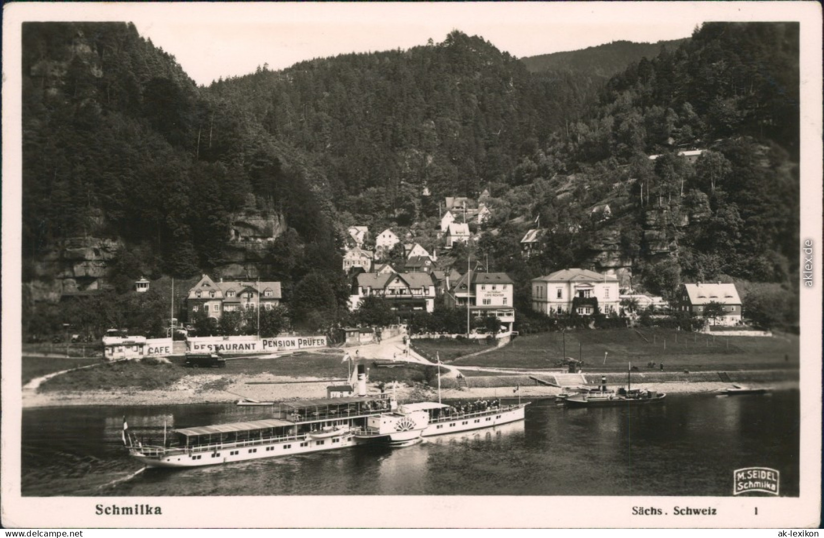 Ansichtskarte Schmilka Dampfer, Kleines Dampfschiff - Pension Prüfer 1938  - Schmilka