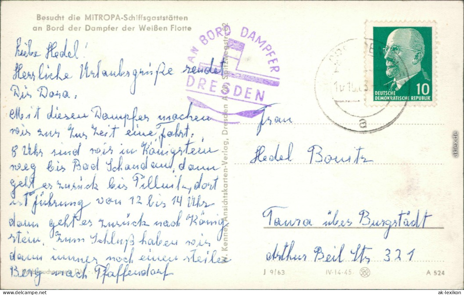 Ansichtskarte Bad Schandau Dampfer Dresden - Stadt 1963  - Bad Schandau