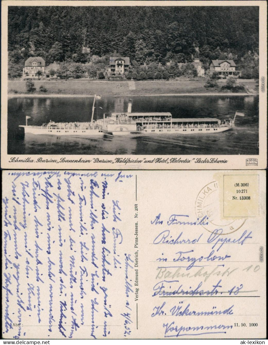 Schmilka Schauffelraddampfer, Pension Waldfrieden Hotel Helvetia 1938  - Schmilka