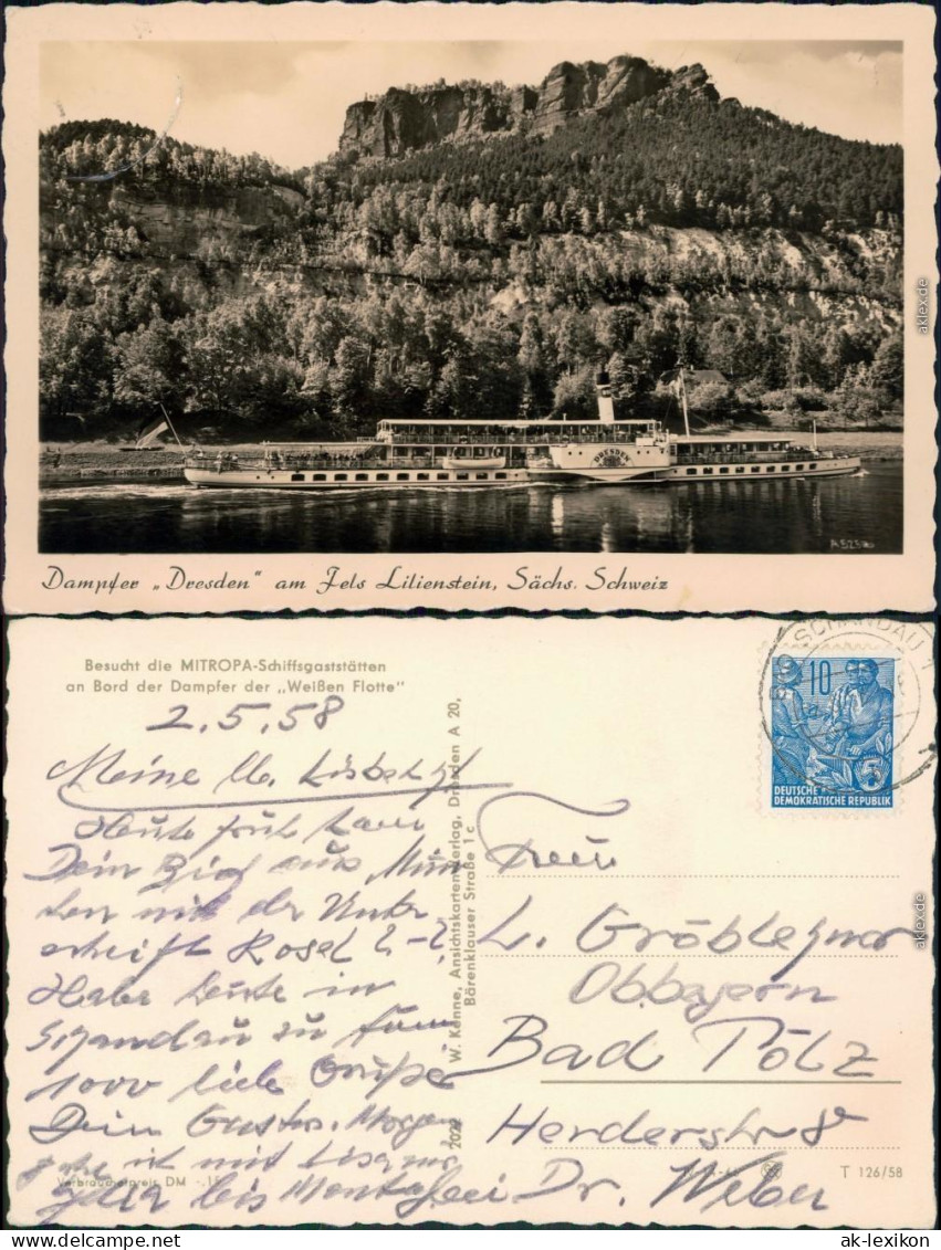 Ansichtskarte Porschdorf-Bad Schandau Dampfer Dresden - Lilienstein 1958  - Bad Schandau