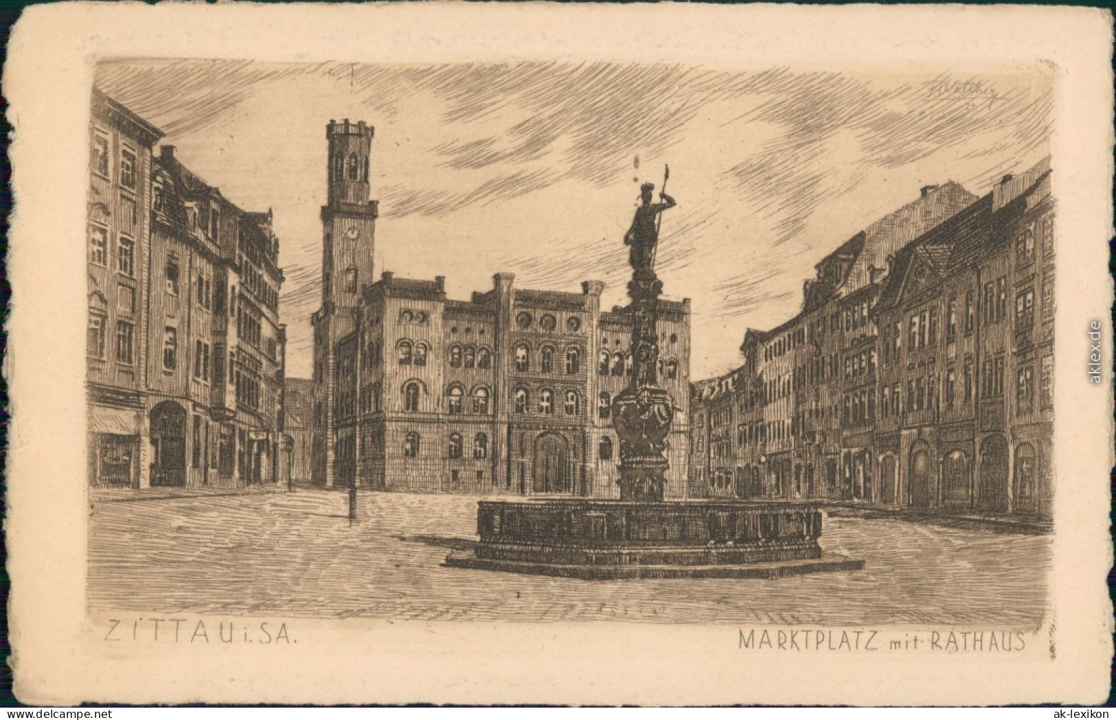 Ansichtskarte Zittau Marktplatz - Federzecihnung 1928  - Zittau