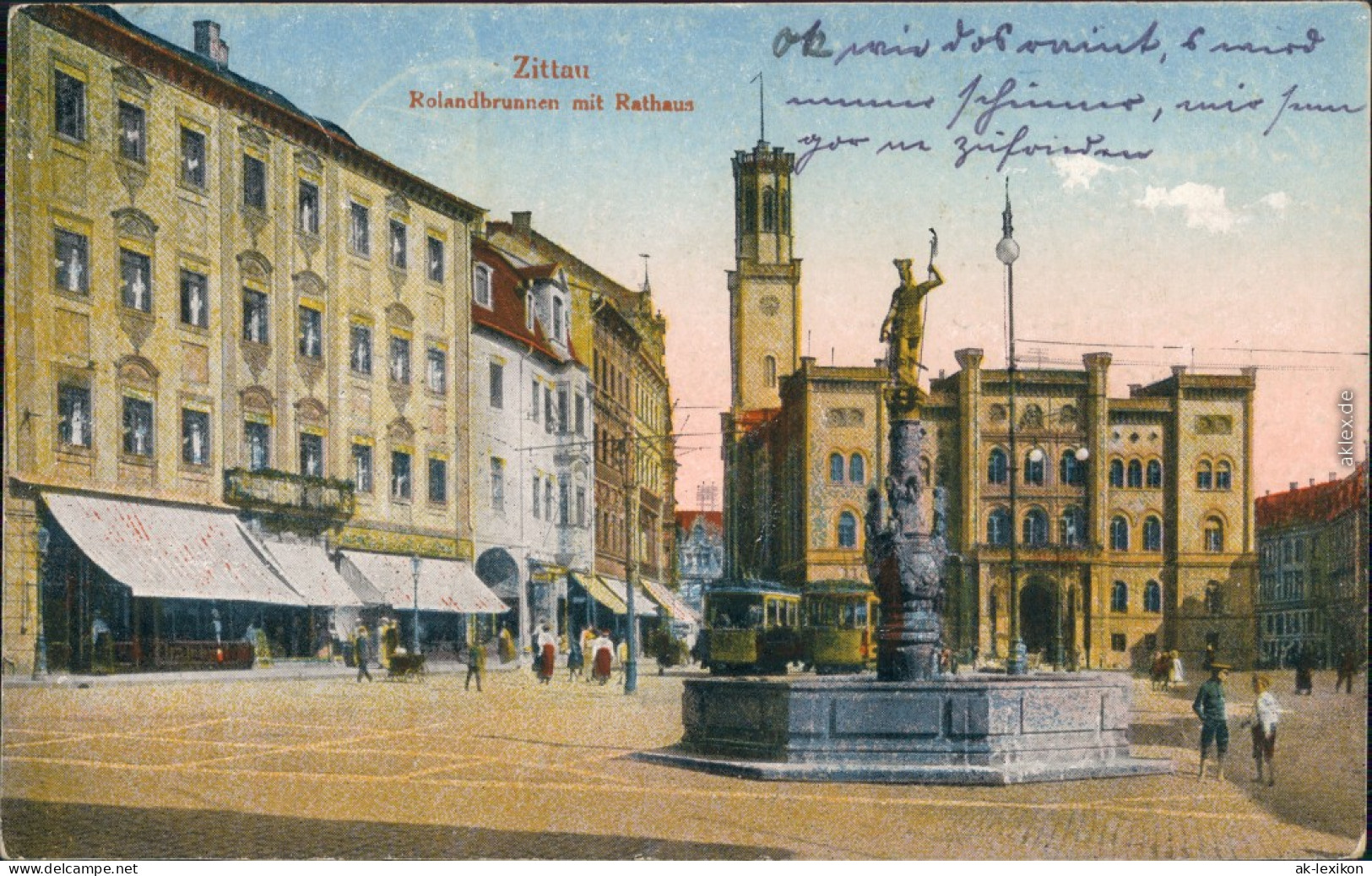 Ansichtskarte Zittau Geschäfte, Rolandbrunnen 1915  - Zittau