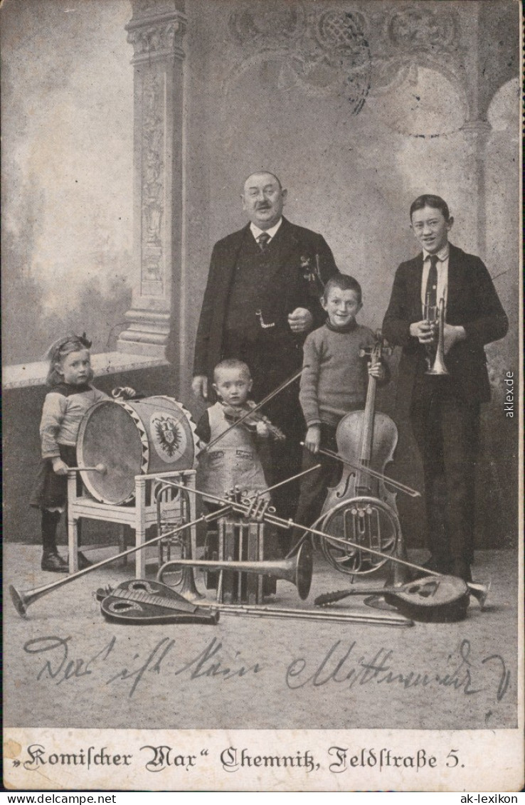 Chemnitz  Komischer Nar - Feldstraße 5 - Familienfoto Mit Musikinstrumente 1916 - Chemnitz