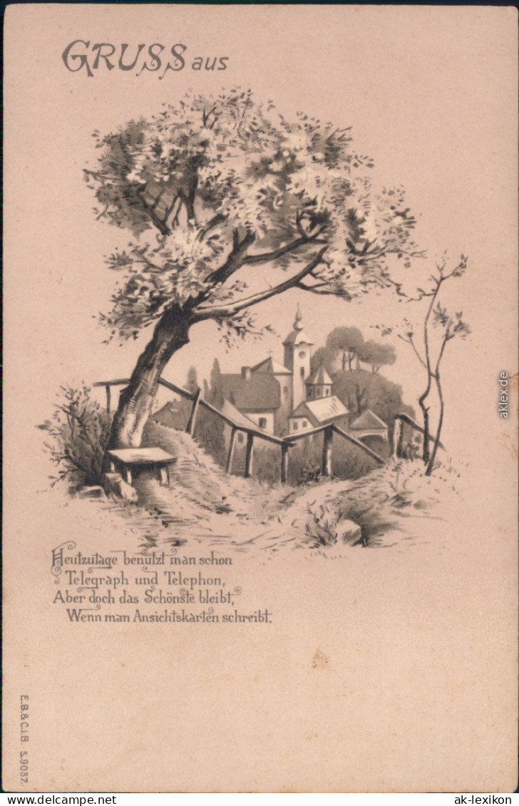 Ansichtskarte  Baum, Bank, Blick Auf Ort - Gruss Mit Gedicht 1922 - Filosofie