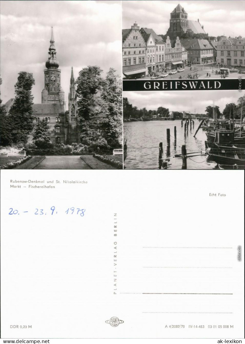 Greifswald Rubenow-Denkmal, St. Nikolaikirche, Markt, Fischereihafen 1978 - Greifswald