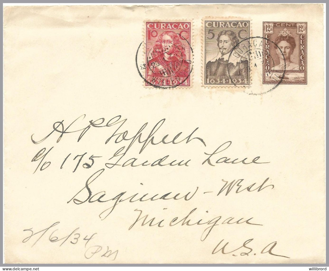 NETHERLANDS CURACAO 1934 5c Hendrik & 10c Binckes On 12½c Wilhelmina & Ship Postal Stationery Envelope To USA - Curacao, Netherlands Antilles, Aruba