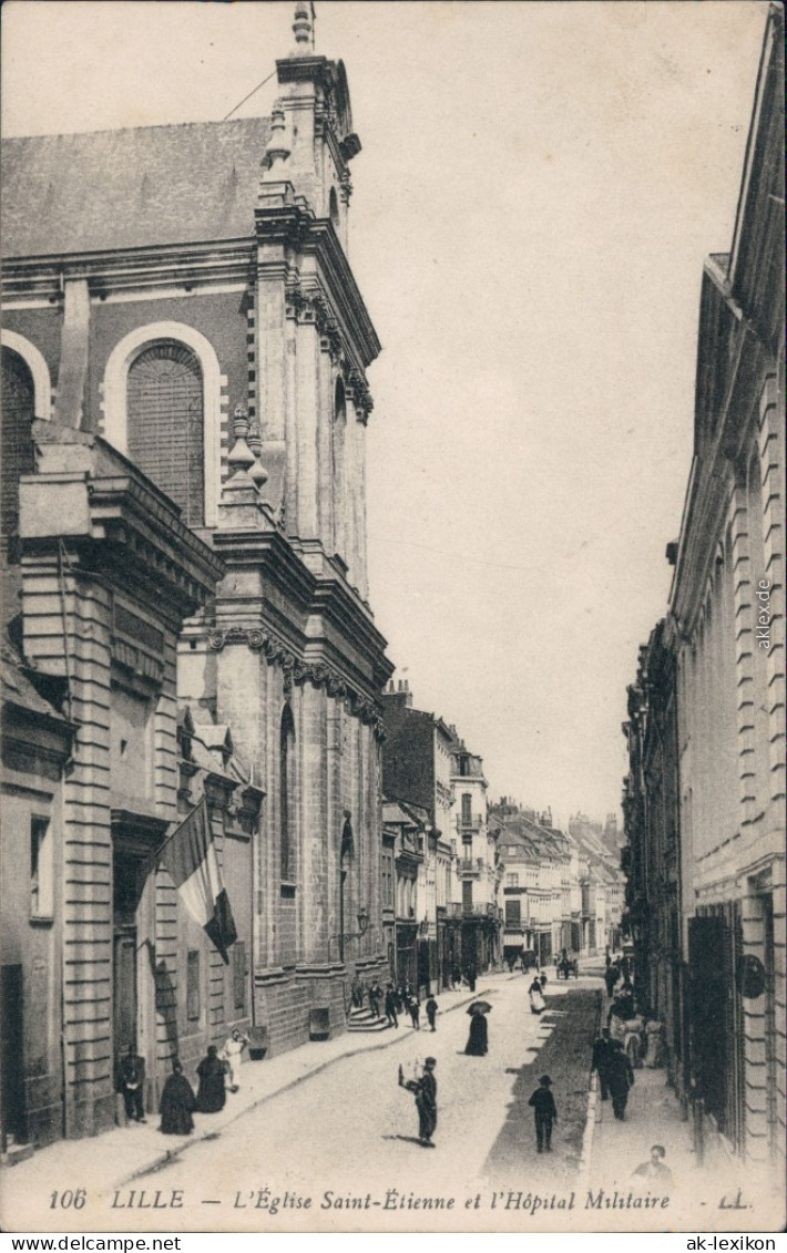 Lille Straßenpartie: Eglise St. Etienne, Hopital Militaire 1914  - Lille