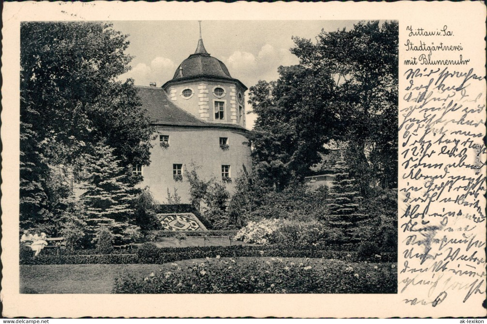 Ansichtskarte Zittau Bank, Stadtgarten - Blumenuhr 1935  - Zittau